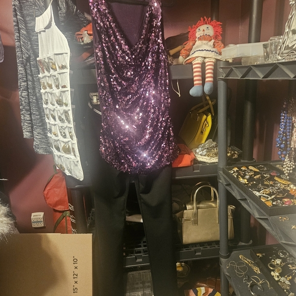Purple Sequin Sleeveless Top With Express Pants - Picture 3 of 12
